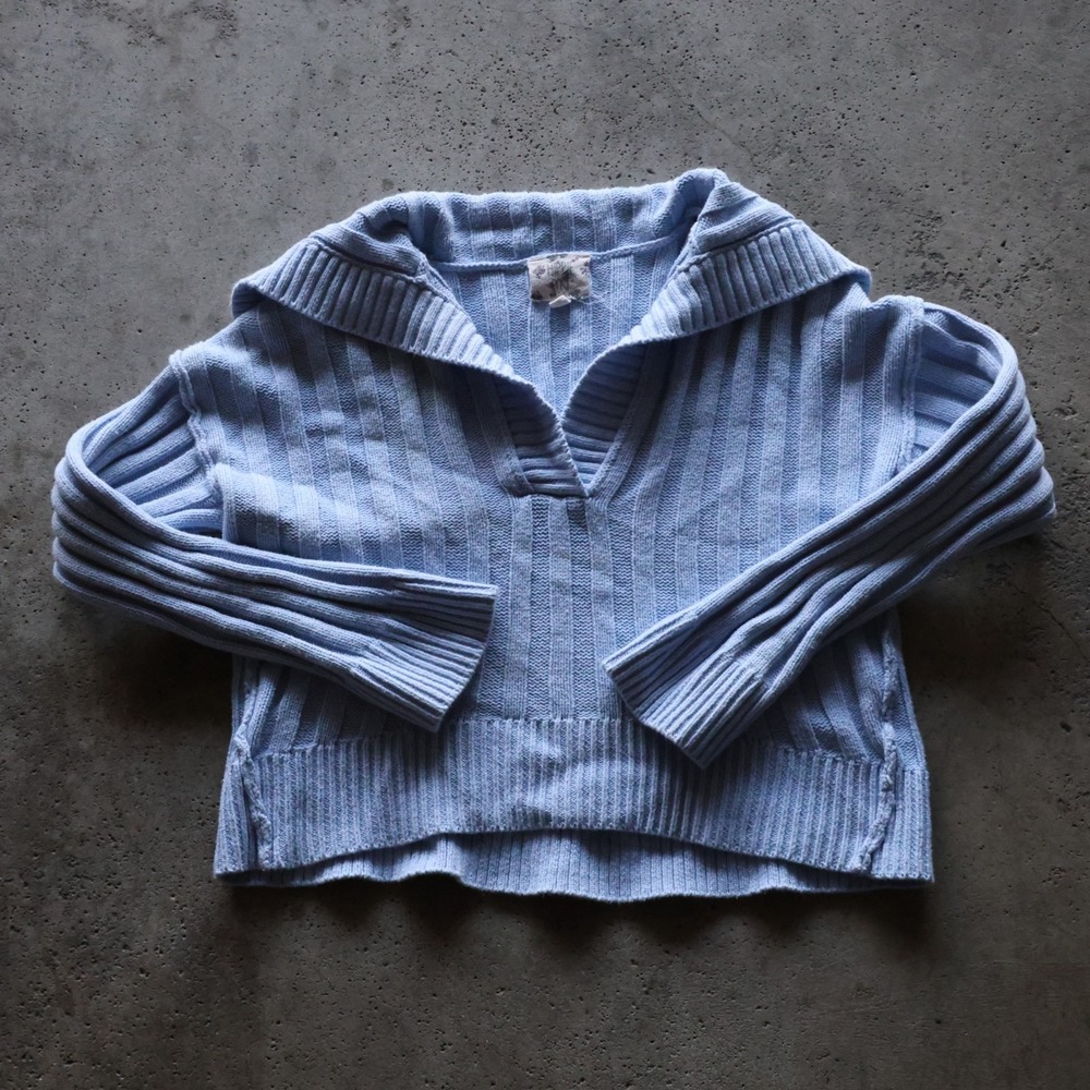 Y2K Happy Juice Womens Blue Ribbed Cropped Sweater Size Small Sailor Collar